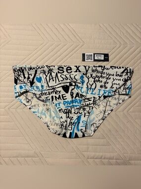 Men's Graffiti Print Swim Briefs - White with Blue & Black Accents